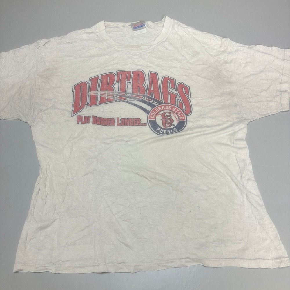 Vintage 90s Hanes Mens XL CSU Pueblo Dirtrags Baseball T Shirt Grey Distressed